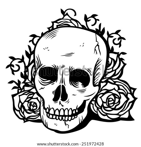 A vector illustration of dark gothic skull and flowers. The illustration is in black and white color scheme and done in ink tattoo style. The skull is on a separate layer from the flowers background.