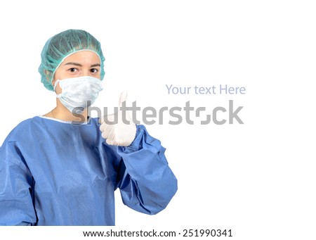young lady surgeon hand with thumb up OK isolated on white background