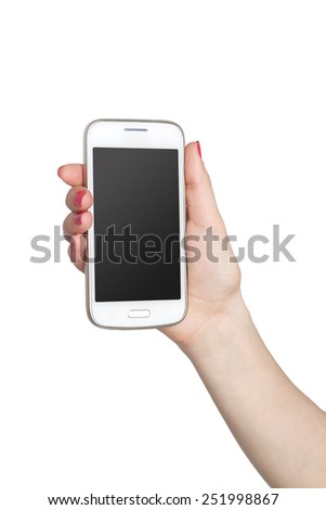 Woman showing white smart phone in hand. Isolated on white background with a pure black screen gradient.