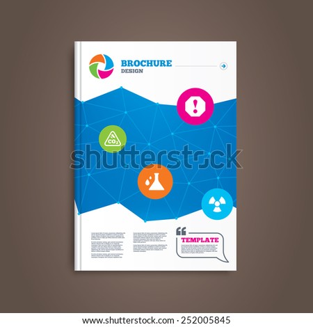 Brochure or flyer design. Attention and radiation icons. Chemistry flask sign. CO2 carbon dioxide symbol. Book template. Vector