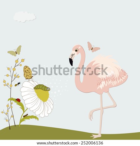  Cute pink flamingo with chamomile and insects