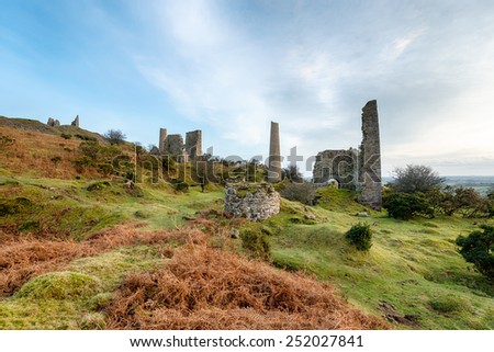 The ruins of ancient copper mine workings on Caradon Hill near the Minions on Bodmin Moor, part of the Caradon Trail which explores Cornwall's mining heritage