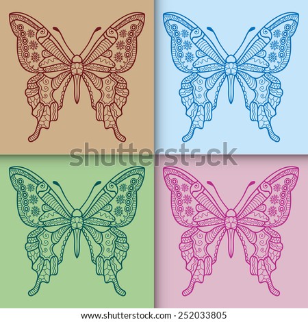 Decorative graphic butterfly set, hand drawn ornamental collection for invitation greeting card design, isolated elements, vector illustration