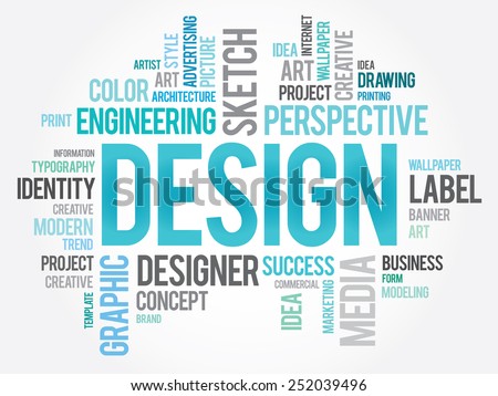 DESIGN - plan or specification for the construction of an object or system or for the implementation of an activity or process, word cloud creative concept background Royalty-Free Stock Photo #252039496