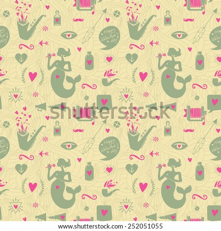 Seamless pattern with mermaids, hearts, arrows and other holidays elements. Vector illustration.