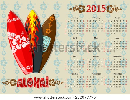 American Aloha vector calendar 2015 with surf boards, starting from Sundays