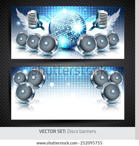 Music banners with disco ball, speakers and microphone - Vector with place for your text