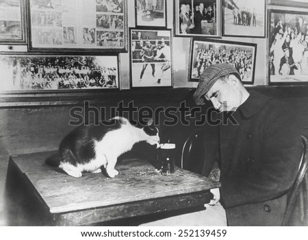 A patron of 'Sammy's Bowery Follies', a downtown bar, sleeping at his table while the resident cat laps at his beer. Dec. 1947.