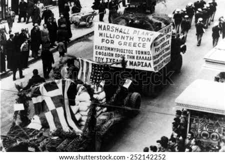 Parade honoring the Marshall Plan's millionth ton of food for Greece, 1947. Royalty-Free Stock Photo #252142252