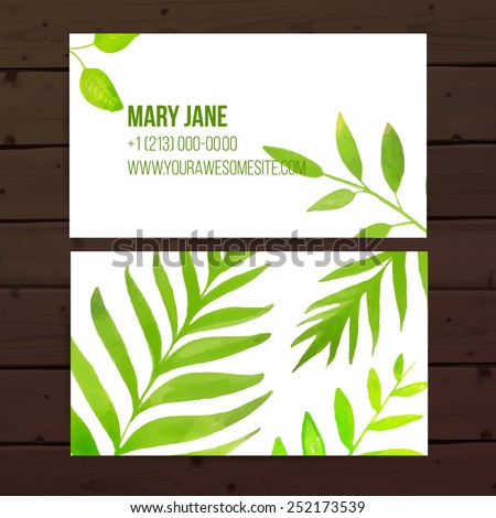 Creative business card template with artistic vector design. Nature  background with hand drawn leaves.