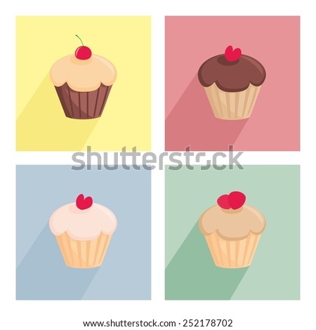 Sweet cupcake flat icon set isolated on white background