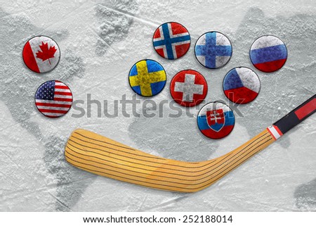 Stick, puck with images of flags and hockey field. Concept, hockey