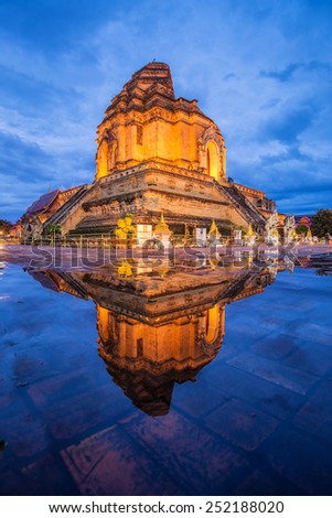 reflection of chedi laung temple , The biggest pagoda in chiangmai ,Thailand
