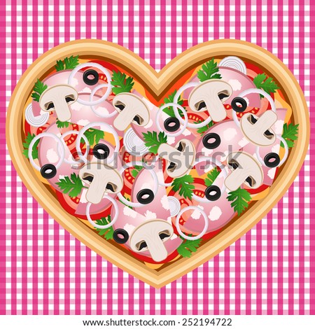 Delicious heart-shaped pizza with sausage. Vector image can be used for menu or food posters design, cards and other crafts.