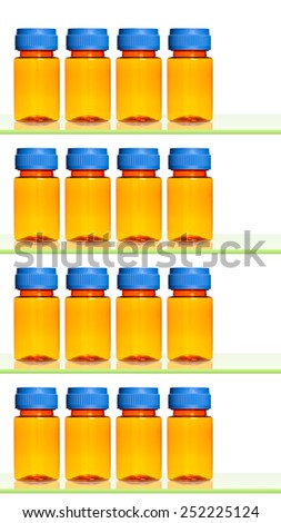 Empty medicine bottles on shelves 