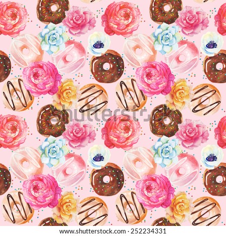 Yummy colorful chocolate donuts seamless pattern. Watercolor.