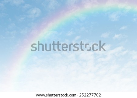 Beautiful Classic Rainbow Across In The Blue Sky After The Rain, Rainbow Is A Natural Phenomenon That Occurs After Rain, Consists Of Purple, Indigo Blue, Blue, Green, Yellow, Orange And Red.