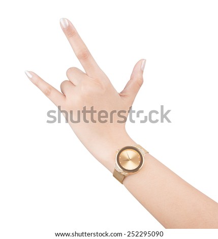 trendy wrist watch on woman hand isolated on white background.