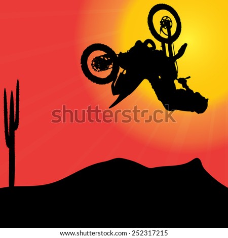 Vector silhouette of a motorcycle at sunset.