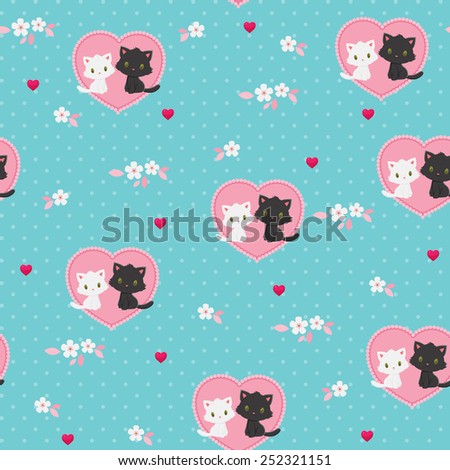 Seamless Valentine's Day pattern. Black and white kittens in love. 