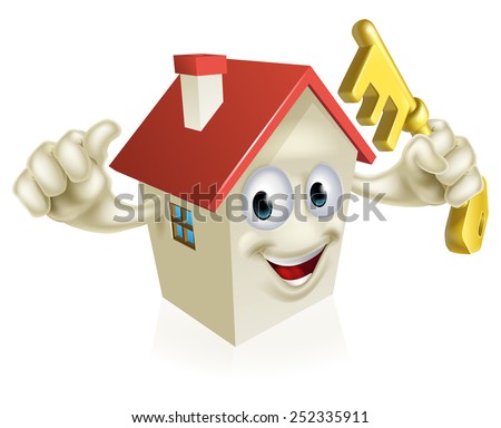 An illustration of a cartoon house character holding a key. Concept for buying a new home, real estate or similar