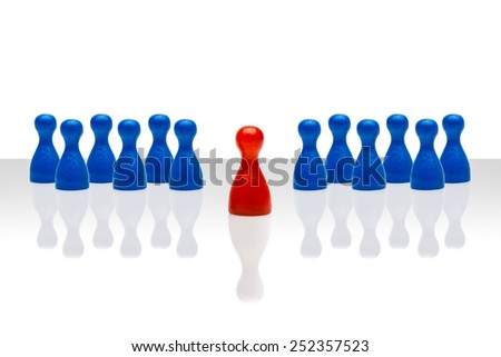 Business concept for leadership team, leadership, step forward. Multiple blue pawn figures, red one in front. Gradient surface on white background. Copy space, room for text.