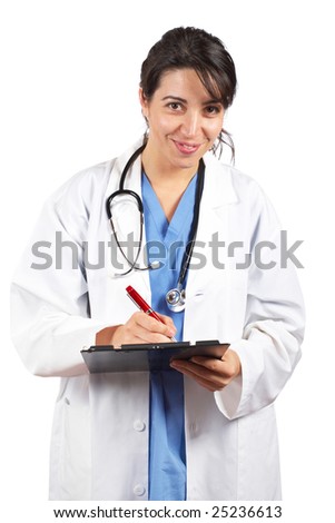 Friendly female doctor in lab coat , writing on white background