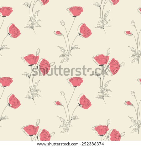 Vintage floral seamless wallpaper of hand drawn poppies. 