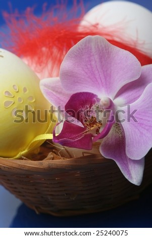 Easter eggs and pink orchid.
