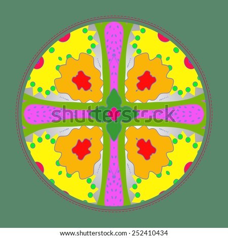 Card with circular   pattern of colored floral motif, frame  on a  gradient gray  background. Hand drawn.
