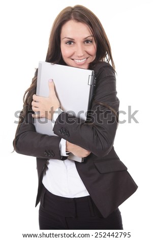 A woman who love her laptop , isolated on white background