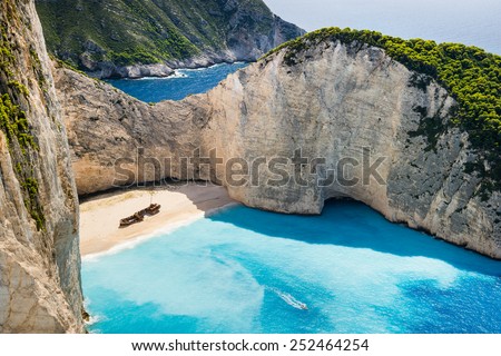 Idyllic view of beautiful Navagio Beach on Zakynthos Island in Greece Royalty-Free Stock Photo #252464254