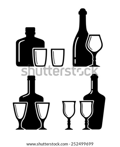 set alcohol beverage icons with bottle and glass on white background