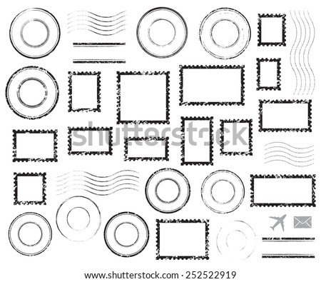 Set of postal stamps and postmarks, black isolated on white background, vector illustration. Royalty-Free Stock Photo #252522919