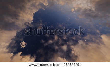 Beautiful sky. Sunset. Clouds in the sunlight. View the top. Feather and cumulus clouds.