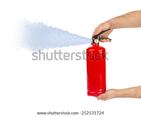 Hands with fire extinguisher isolated on white background