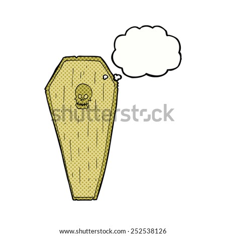 spooky cartoon coffin with thought bubble