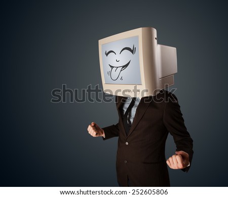 Happy business man with a computer monitor screen and a smiley face