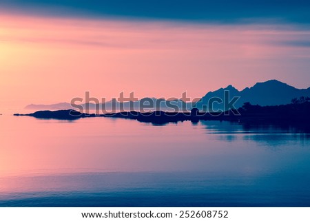 colorful ocean sunset at lofoten islands, Norway