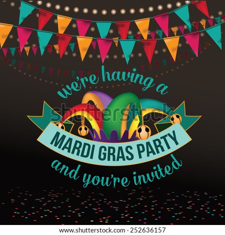 Mardi Gras party invitation design Royalty free stock illustration for parties, celebrations, carnival, parade, ad, marketing, poster, design, blog, article, invitation, social media
