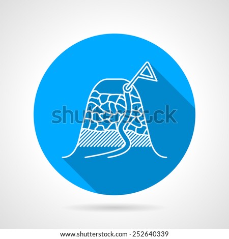 Blue flat vector icon with white line mountain peak with route and target flag on gray background with long shadow.