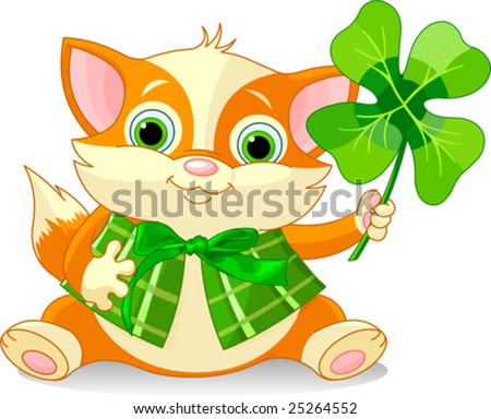 Red kitten holding clover. St. Patrick's Day illustration