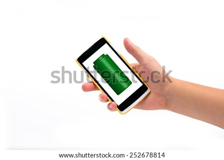 icon green battery of Cell phone in right hand isolated on white