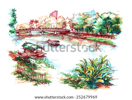 boat cruise along river in Asia water colour painting illustration