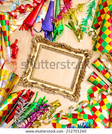 Venetian carnival party decorations and baroque golden picture frame. Holidays background