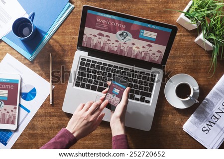 Social network user login, website mock up on computer screen, tablet and smartphone Royalty-Free Stock Photo #252720652