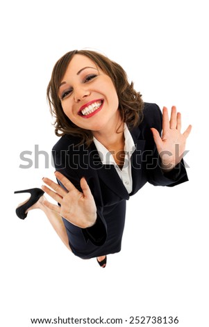 Businesswoman punching the air with angerisolated on white background shot with wide angle lenses