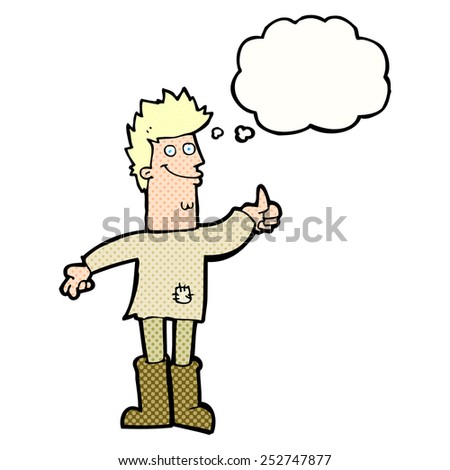 cartoon positive thinking man in rags with thought bubble
