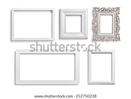 collection of various white wood frames on white background. each one is shot separately