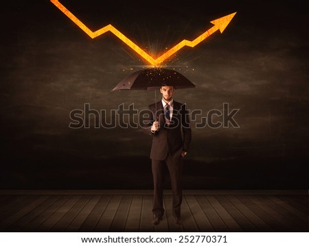 Businessman standing with umbrella keeping orange arrow concept on background